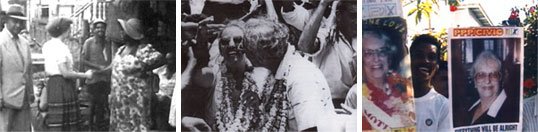 L-R: 

A young Janet and Cheddi shaking hands of Guyanese supporters. 

Cheddi kissing Janet on the cheek as a crowd cheers around them. 

A Guyanese man holds up campaign posters of Janet. 